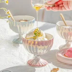 Luxurious Gradient Ceramic Ice Cream Sundae Bowl, Blue Marble Pattern, Tall Retro Dessert Cup, Elegant Afternoon Tea Party Tableware