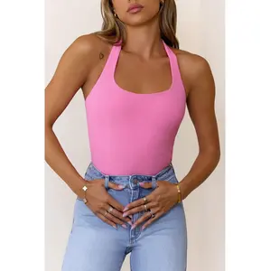 BASE Luxe Rib Simple Silhouette Halter Top Pink