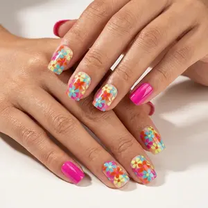 Square Artificial Nails with Lovely Bright Floral LusterManicure Multi Color Combination Durable LongRectangular Design Shape for Daily Use in Spring SummerParties Office Work press fake nails elegant false nailPress-On sweet flower glossy shiny stylish