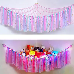 Stuffed  Net Stuffed  Storage Hammock with LED lights Colorful Tassels Hammock Hanging Stuffed  Storage Organizer Holder for  Play Room  Bedroom(Pink)