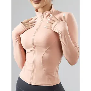 Women'S Long Sleeve Zip-up Running Jacket, Polyester High Stretch Crew Neck Sports Top, Solid Color Knit Fabric, for Fall/Winter Quick-Dry Fitness Outerwear