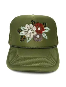Blossom Trucker Hat, Mesh back, Foam Front Snapback, Embroidered Hat, Birthday Gift, Cross Stitch Flowers, Summer Hat
