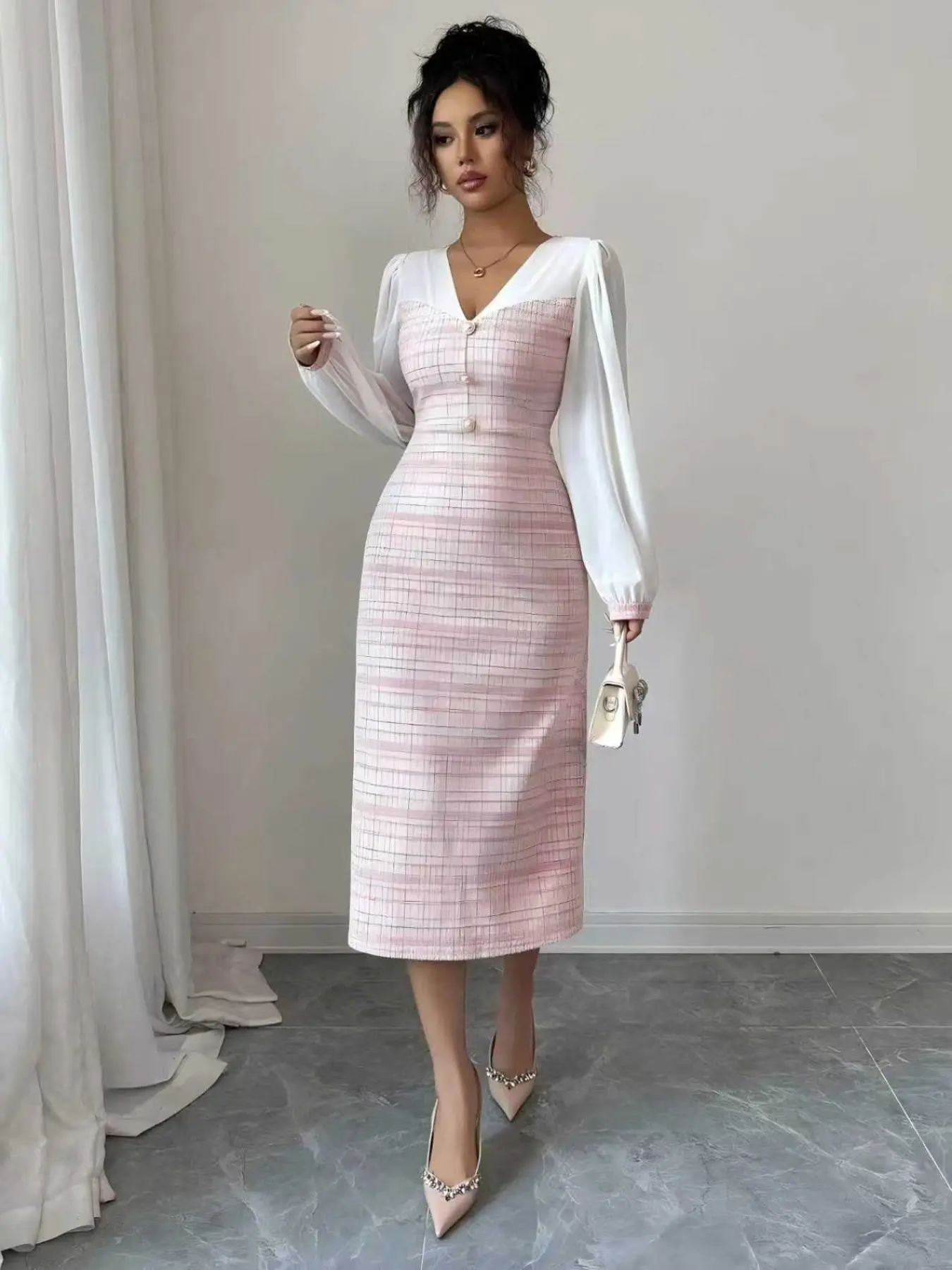 New Elegant V-Neck Elastic Colorblock Mesh Bubble Sleeve Bodycon Dress, Stylish Chic Women's Fashion, Perfect for Formal Parties and Daily Wear, Long Sleeve