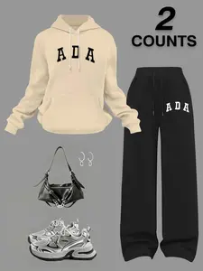 Women's "ADA" College Style 2-Piece Tracksuit, Sweatsuit Matching Set, Hoodie & Sweatpants Set with Matching Letter Graphic for Preppy Fashion Fans, Casual Wear Lovers & Outfit Coordination Enthusiasts -  Daily Outings, Campus Looks & Stylish Lounging