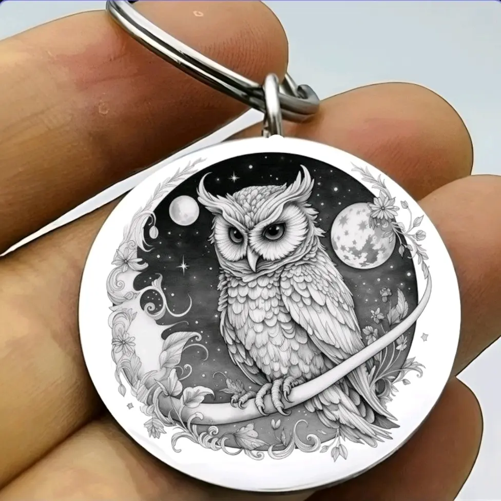 owl moon star universe galaxy art keychain
