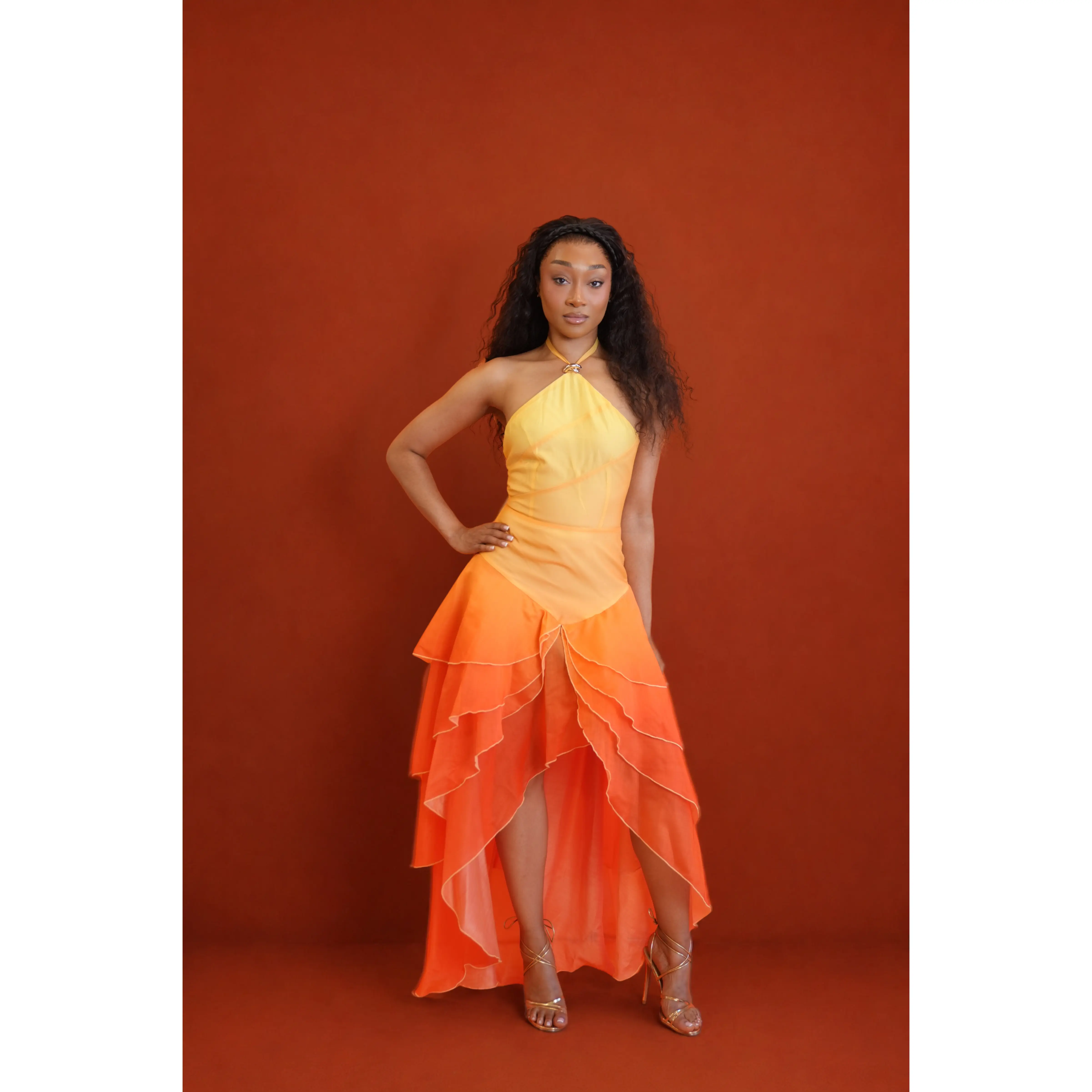 Anica Sunset Ombré High-Low Maxi Dress