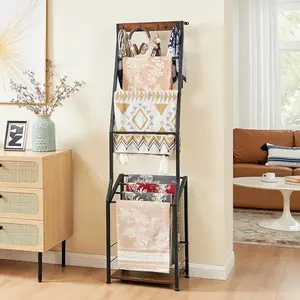 Blanket Ladder, 7 Tier Wooden Ladder Shelf with Hooks, 5.5ft Blanket Holder Rack Farmhouse Ladder Rack for Storage and  Decor, Rustic Brown and Black