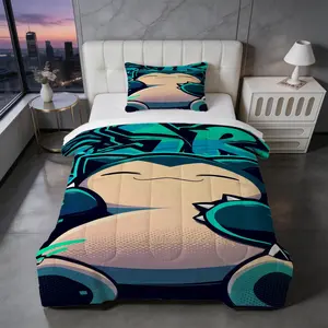 2/3 Piece Snorlax Themed Comforter Set, 1 Comforter + 1/2 Pillowcases, Soft Polyester Cartoon Print Bedding, Bedroom Decoration, Ideal Holiday Birthday Gift for Kids & Fans, Fan Art Design