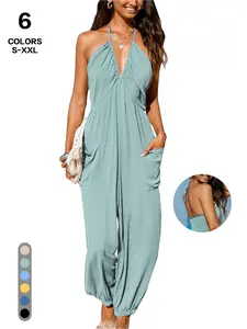 TFNOSIZE Women’s Minimalist V‑Neck Sleeveless Summer Beach Vacation Jumpsuit — Elegant Halter Neck Backless Camisole Style, Casual Sexy Breathable Wide‑Leg Flowy Design, Fashionable One‑Piece