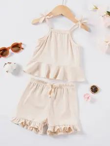 Baby Girls Summer Set, Bow Tie Thin Cotton Top & Ruffle Shorts, Sweet Style Toddler Clothing, Pure Color Casual Wear