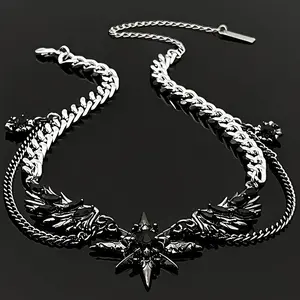 Gothic North Star Wing Black Crystal Layered Chain Choker Necklace, Punk Unisex Cuban Link Collarbone Jewelry for Streetwear