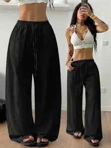 Women's Linen Blend Wide Leg Pants, Y2K High Waist Drawstring Loose Fit, Bohemian Boho Street Style, Summer & Beach Vacation Wear, Streetwear