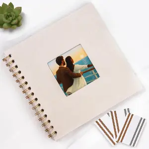 Beige Linen Scrapbook with Photo Window, 8x8 Inch Hardcover Album, 40 White Pages + Corner Stickers, DIY Memory Book for Wedding, , Travel