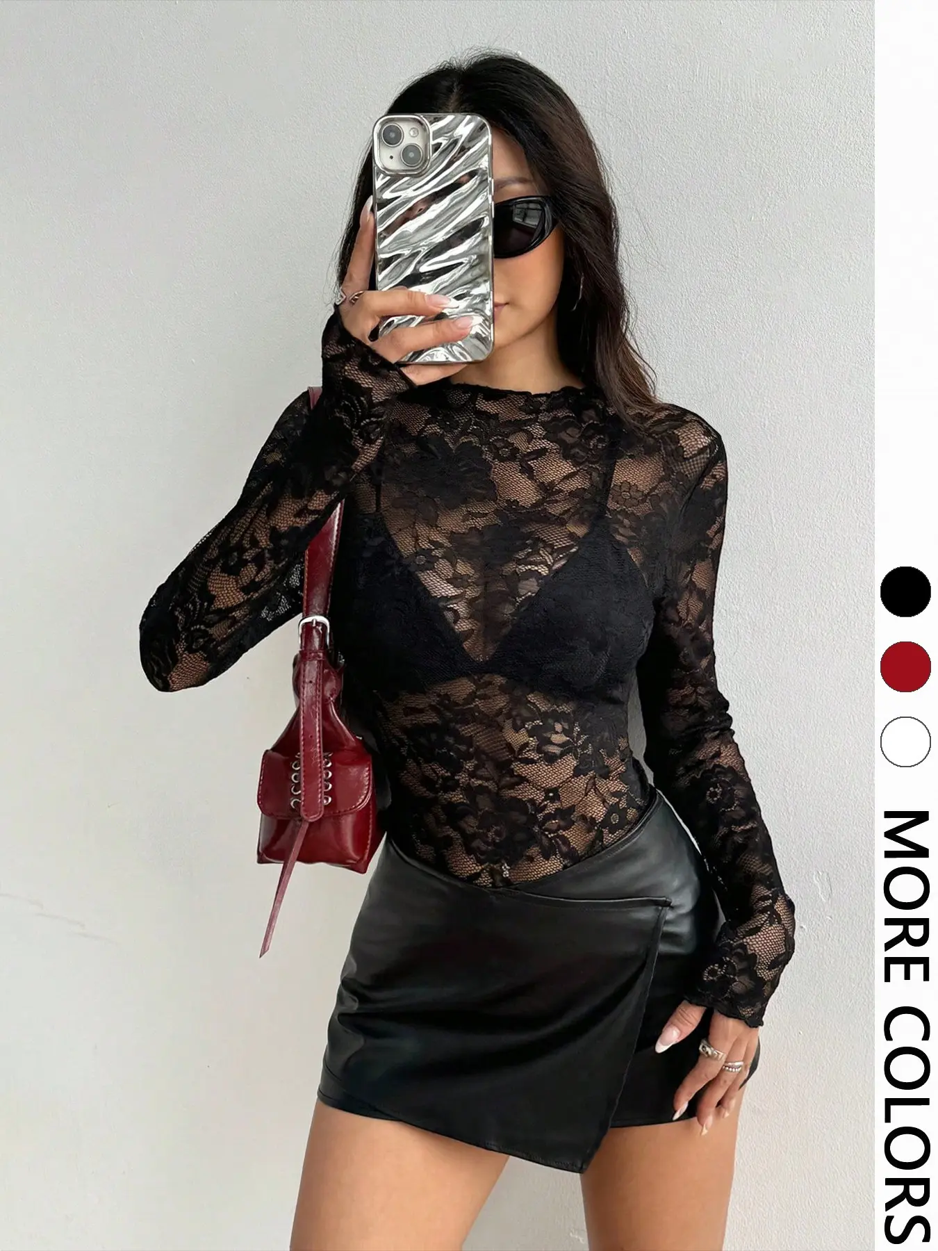 1pc Lace Sheer High Neck Layering Top, Fitted Stretch See-Through Blouse, Versatile Base Layer for All Occasions