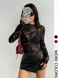 1pc Lace Sheer High Neck Layering Top, Fitted Stretch See-Through Blouse, Versatile Base Layer for All Occasions