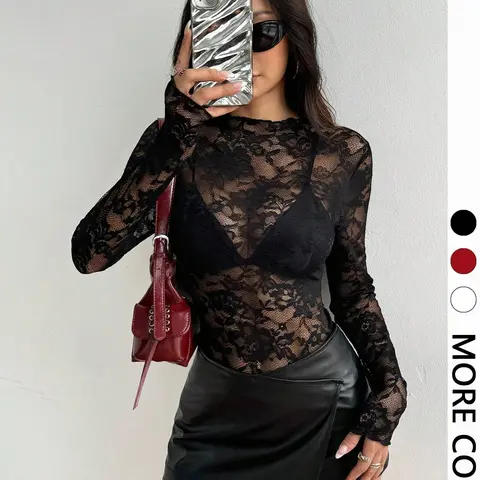 1pc Lace Sheer High Neck Layering Top, Fitted Stretch See-Through Blouse, Versatile Base Layer for All Occasions