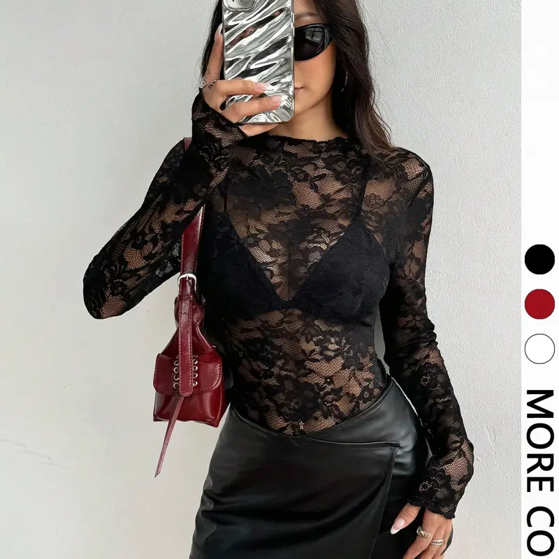 1pc Lace Sheer High Neck Layering Top, Fitted Stretch See-Through Blouse, Versatile Base Layer for All Occasions