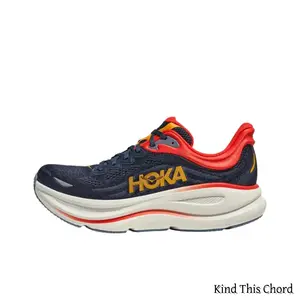 Navy Blue & White Running Sneakers with Red & Yellow Accents, Breathable Knit Mesh Upper, Ultra-Cushioned Curved Midsole, Lightweight Shock-Absorbing Footwear for Long Runs & All-Day Casual Wear