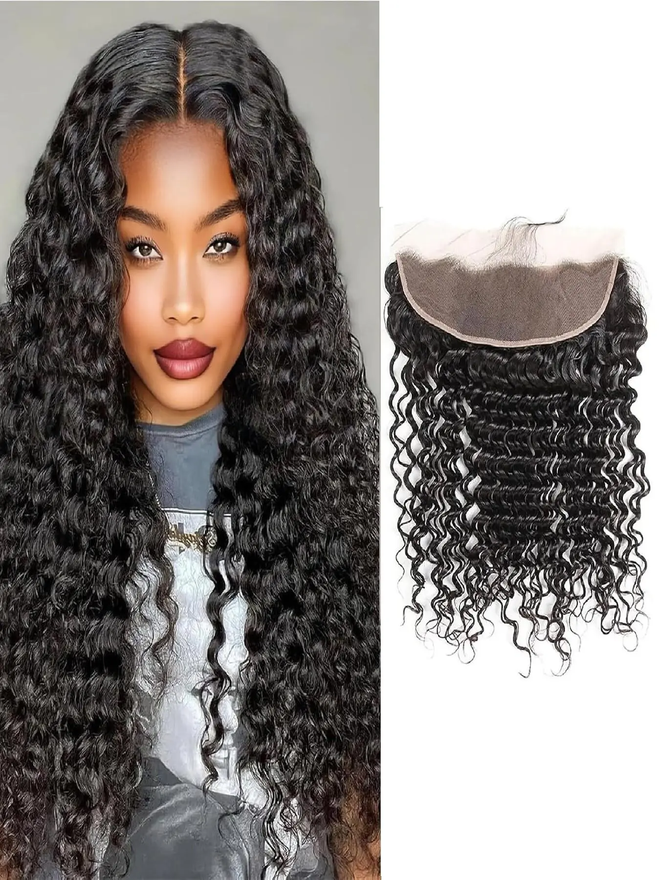 Deep Wave Lace Frontal Closure 13x4 Ear to Ear Frontal HD Lace Brazilian Curly Virgin  Human Hair Pre Plucked with Baby Hair 150% Density Free Part