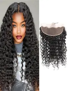 Deep Wave Lace Frontal Closure 13x4 Ear to Ear Frontal HD Lace Brazilian Curly Virgin  Human Hair Pre Plucked with Baby Hair 150% Density Free Part
