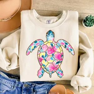 [Made In USA] Preppy Floral Sea Turtle Sweatshirt, Watercolor Summer Beach Shirt Graphic Tee, Cute Coastal Ocean Shirt For Women, Womenswear Top, All Sizes