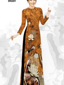 Set Traditional Vietnamese Brown with Lotus Ao Dai - Bộ áo dài in 3D truyền thống - Ready to ship - Round neck