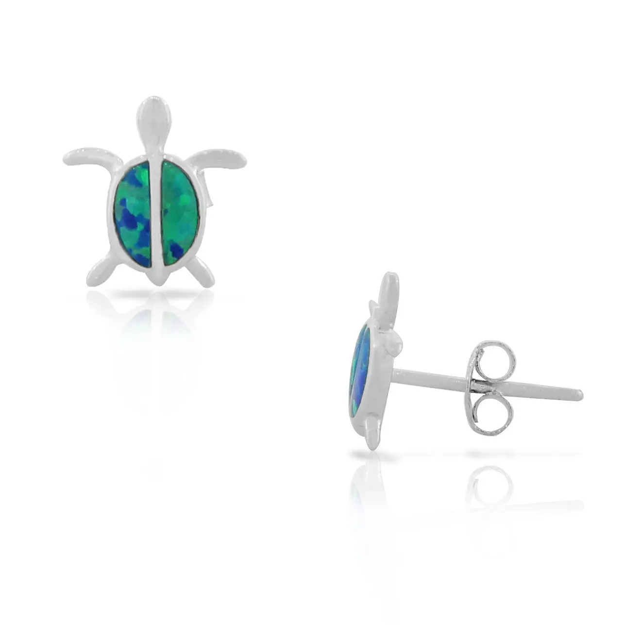 925 Sterling Silver Blue Turquoise-Tone Simulated Opal Small Turtle Womens Girls Stud Earrings, Small Size, Turtle Shape