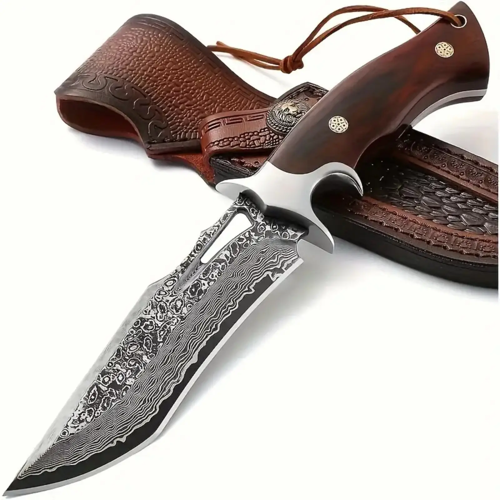 A large Damascus handmade forged knife - fixed blade, wooden handle and leather sheath, convenient to carry, quick cutting