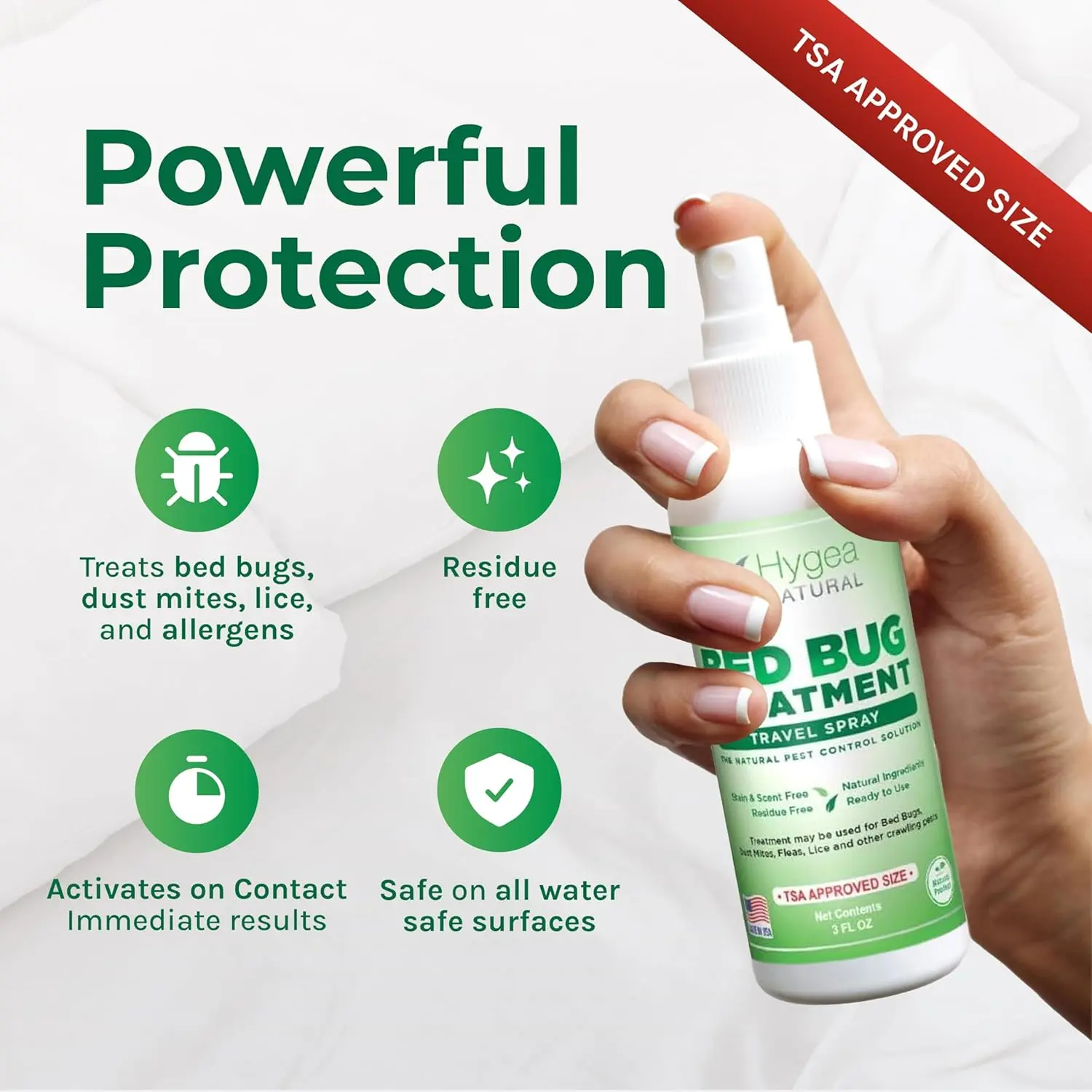 Hygea Natural Lice, Mite, and Bed Bug Natural Travel Spray - TSA Approved 3 oz Size Bottles - Child & Pet friendly - Stain & Odor Free - For Hotels, Suitcase, Backpack, Shoes - Bed Bug Spray (3 Pack)
