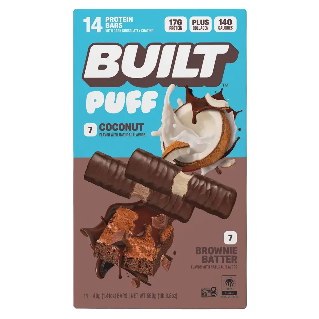 BUILT Collagen High Protein Mixed Snack Bar Variety Pack - Pocket-Size Energy Boost, On-The-Go Snack, 1.41 oz, 14 Bars, Built Puff