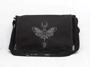 Black Canvas Messenger Bag - Moth Moon and Rock - Messenger Bag Women/Men