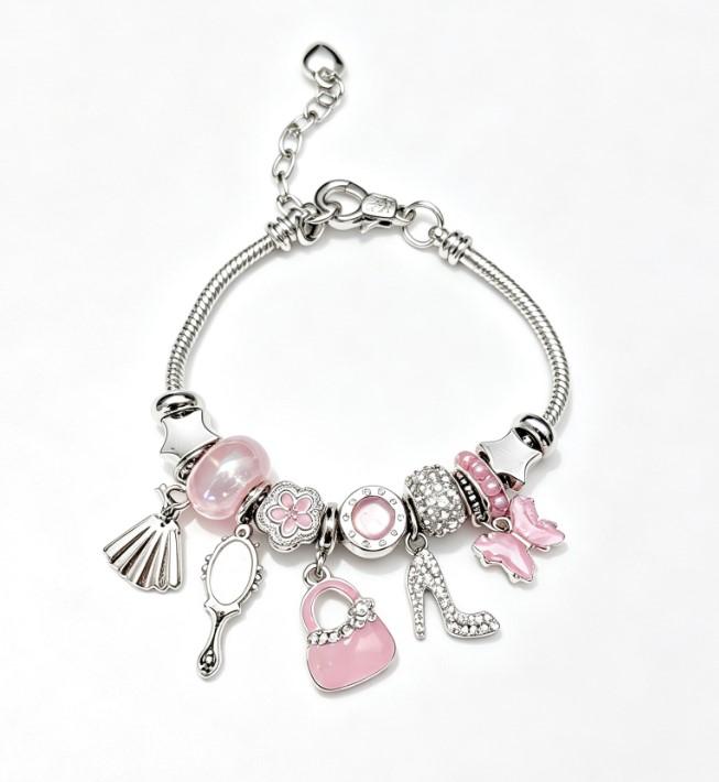 Silver Snake Chain Charm Bracelet, Pink Enamel Handbag High Heels Mirror Butterfly Beaded Bracelet, Sweet Fashion Jewelry Gift for Women Teen Girls