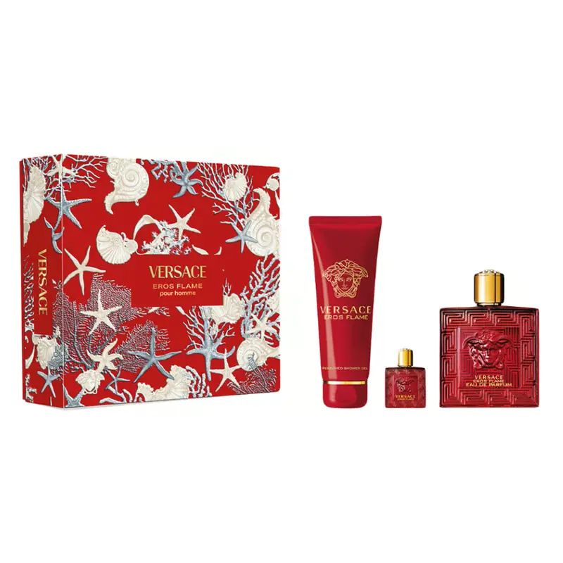 Versace Eros Flame Pour Homme Gift Set Eau de Parfum 3.4 oz Shower Gel 5 oz Mini EDP 0.17 oz Woody Spicy Fragrance for Men