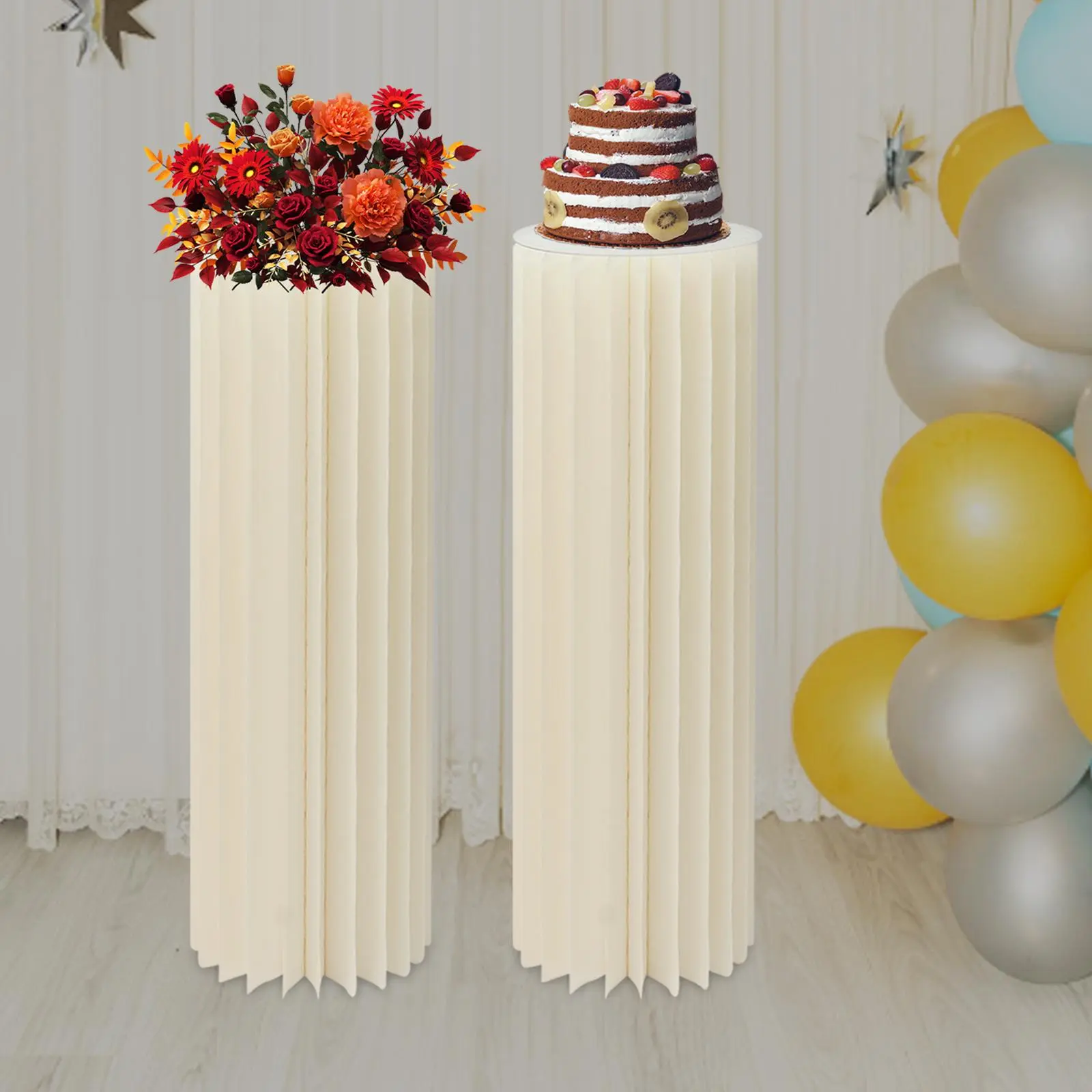 2Pcs Modern Cardboard-PVC Column Display Stands (30x100cm/11.81x39.37in) - Corrosion-Resistant, White, Foldable Bakeware Decorating Tools for Graduation, Wedding Centerpieces