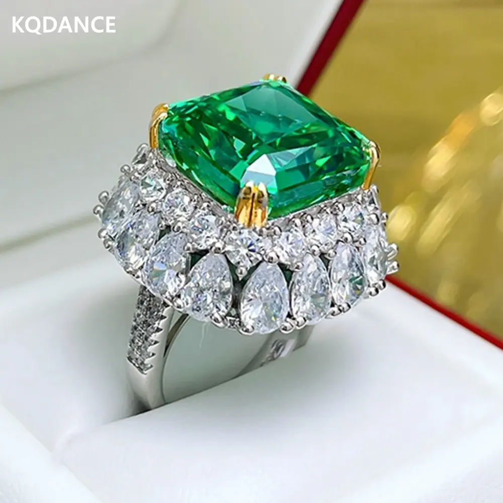 925 Silver 14mm Synthetic Yellow Green Emerald Gem Moissanite Diamond Rings with Large Stone Luxury Wedding Jewelry