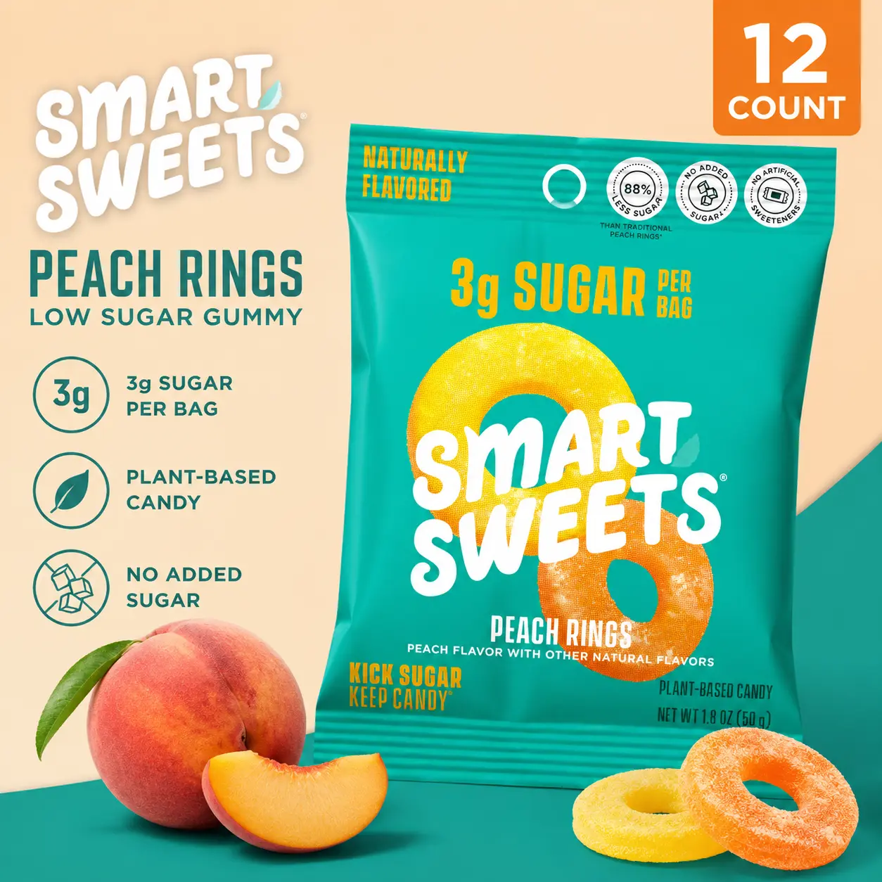 SmartSweets Peach Rings Low Sugar Gummy Candy 1.8 oz 12 Count Peach Flavored Gummy Snacks