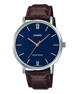 Casio Men’s Brown Leather Watch with Blue Dial – MTP-VT01L-2BUDF