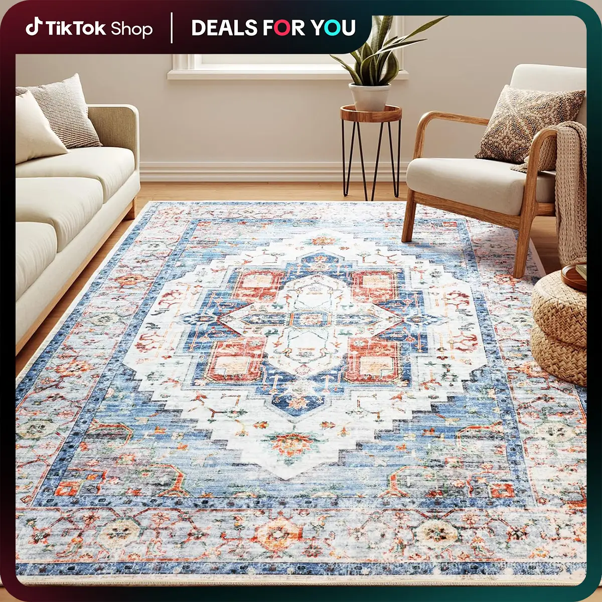 BESTSWEETIE Rug Washable Rugs for Living Room Non Slip Rugs Low-Pile Floor Carpet Distressed Vintage Large Area Rug Indoor Bedroom Durable Outdoorfun