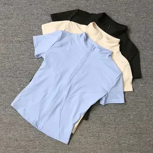 Women’s Summer High-Quality Quick-Dry Slimming Training Top — Stretchy, Stand Collar, Full-Zip, Short-Sleeve Yoga Shirt