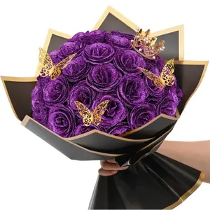 Valentine's Day Glitter Roses Bouquet Set, 12/24 Pcs with 3D Butterflies Crowns & Ribbons, Perfect Gift for Women, Birthdays, Weddings, Graduations, Artificial Flowers