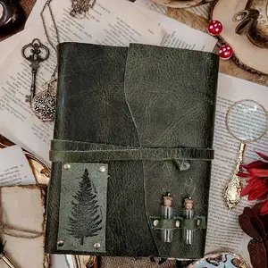 Botanist Alchemy Leather Journal 5x7 - Green Leather Bound with Tree Embossment & Glass Bottle Detailing