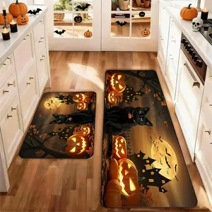 Halloween Kitchen Mats Set of 2, Pumpkin Cat Design, Non-Slip Low Height, Party Floor Mat for Home Kitchen Decor