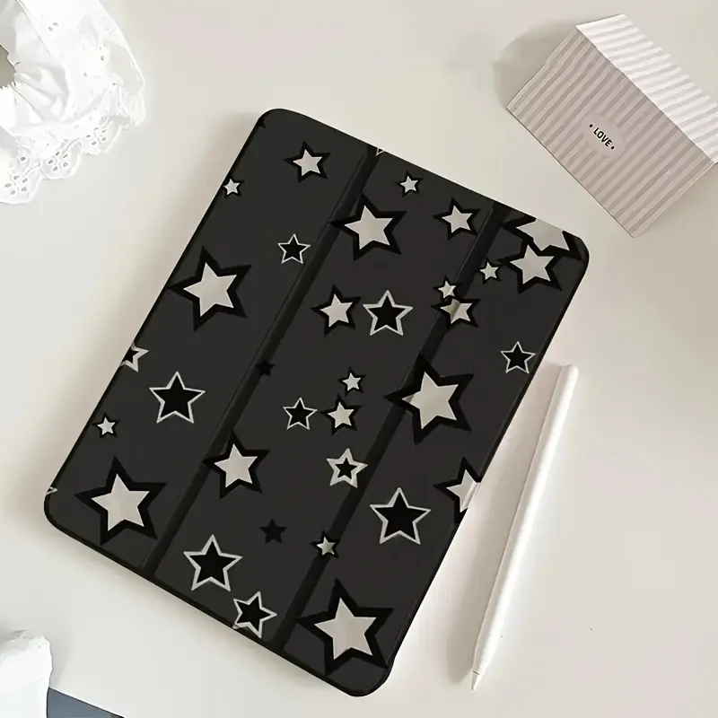 Black Star Pattern Foldable Stand Case for iPad Air 4/5 (10.9 inches), 7/8/9 (10.2 inches), 5/6/Air 1/2 (9.7 inches), Air 3 (10.5 inches), Pro (11 inches), 10th Generation - Flexible Hybrid Protective Cover with Adjustable Stand, Stand Holder |   Decorati