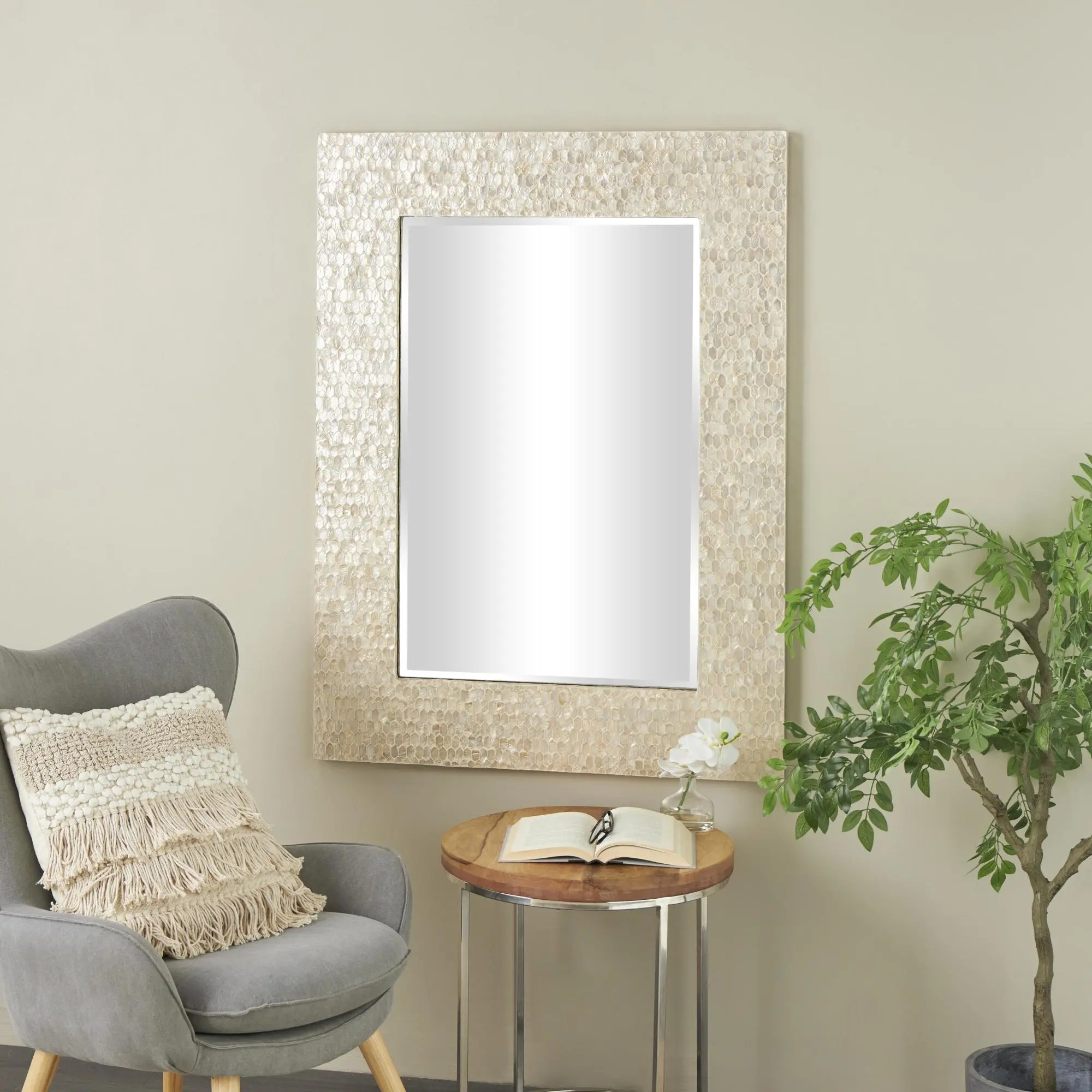Handmade Neutral Rectangle Cream Mother of Pearl Shell Mosaic Wall Mirror with Durable MDF Frame, Reflective Glass for Crisp Reflection, Minimalist Home Decor for Sofa Side Room, Entryway