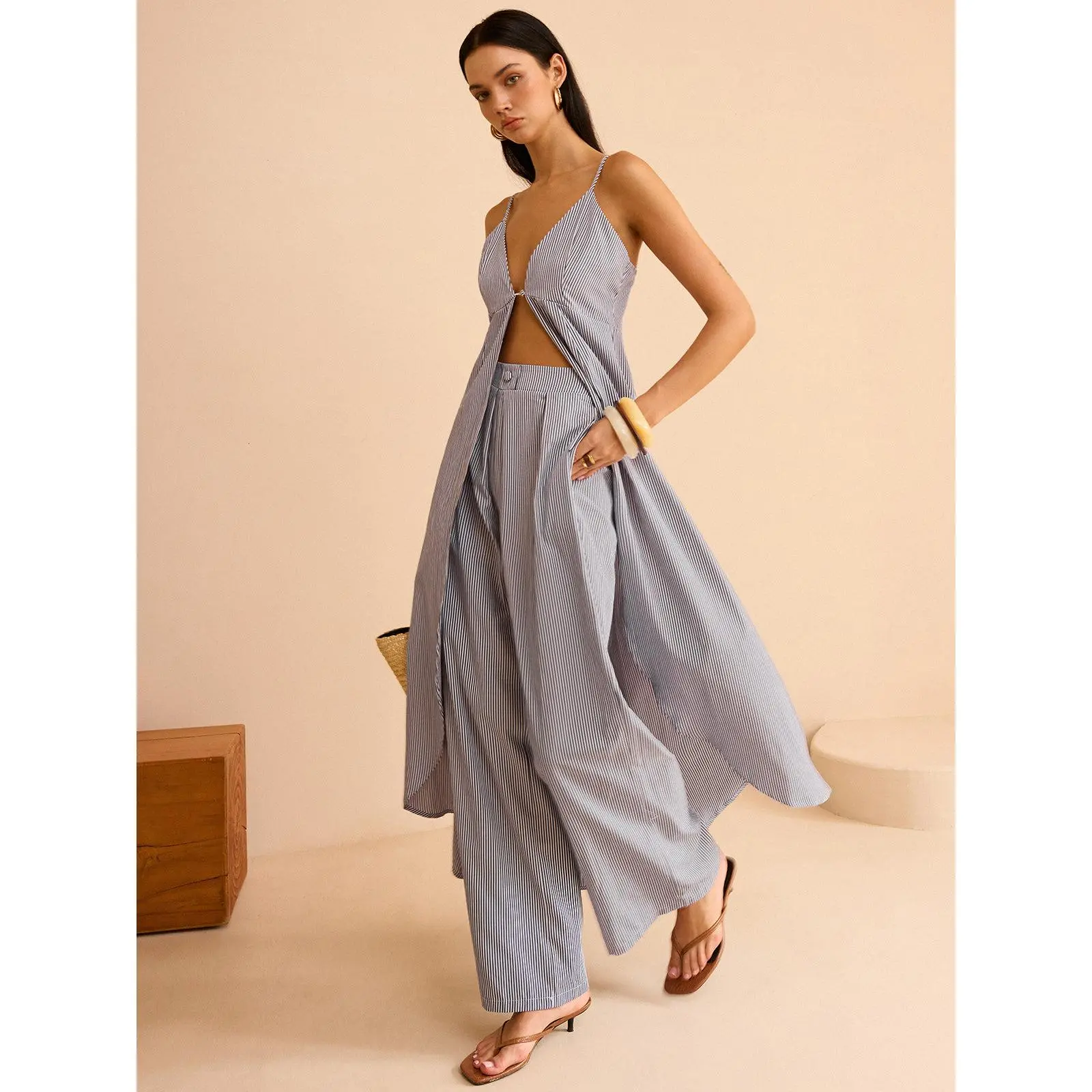 Striped Long Cami Top and Wide-Leg Pants Set