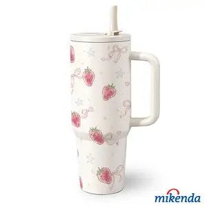 1 Pc 40 Oz Stainless Steel Water Cup, Thermo Cup, Tumbler with Handle and Folding Straw, Strawberry Pattern Design, Double Wall Insulated Thermal Mug, Insulated Travel Drinkware, Hot 12H / Cold 24H, Easter Mother's Day Holiday Gift for Friends