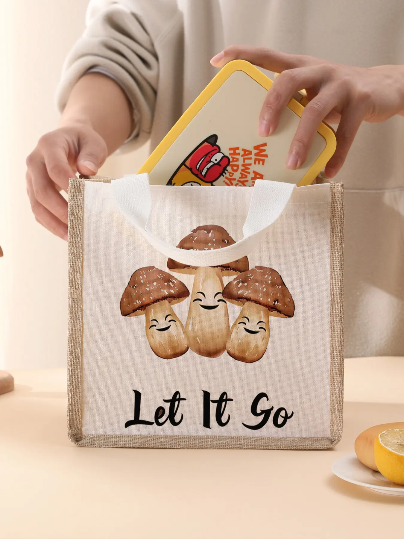 Mushroom Pattern Handbag Portable Lunch Bag, Women's Casual Shoulder Bag, Large Capacity Camping Student Picnic Food Drink Bag