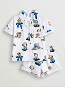 Women's Cartoon Puppy Print Pajama Set, Short Sleeve Button Front Top and Elastic Shorts, Casual Home Wear, Comfortable Sleepwear
