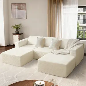 110 Corduroy Boneless Couch for Living Room with 2 Ottomans, Convertible Modular Cloud Sofa with Deep Seats, Ergonomic Memory Foam U Shaped Sectional Couch, No Assembly Required (Beige)