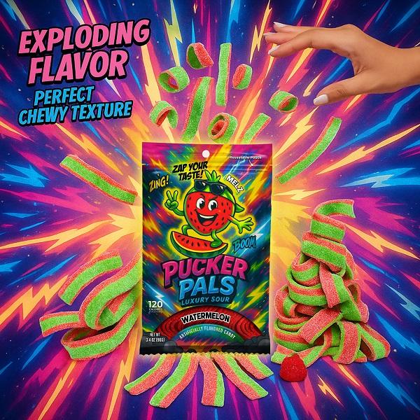 Pucker Pals Watermelon Sour Candy – Extreme Sour Strips, Chewy Gummy Candy & Sour Gummies, Gummy Worms Style Gummies Candy, Juicy Bold Treats for Kids, Boys, Girls, Teens & Adults, Halloween & Stocking Stuffers